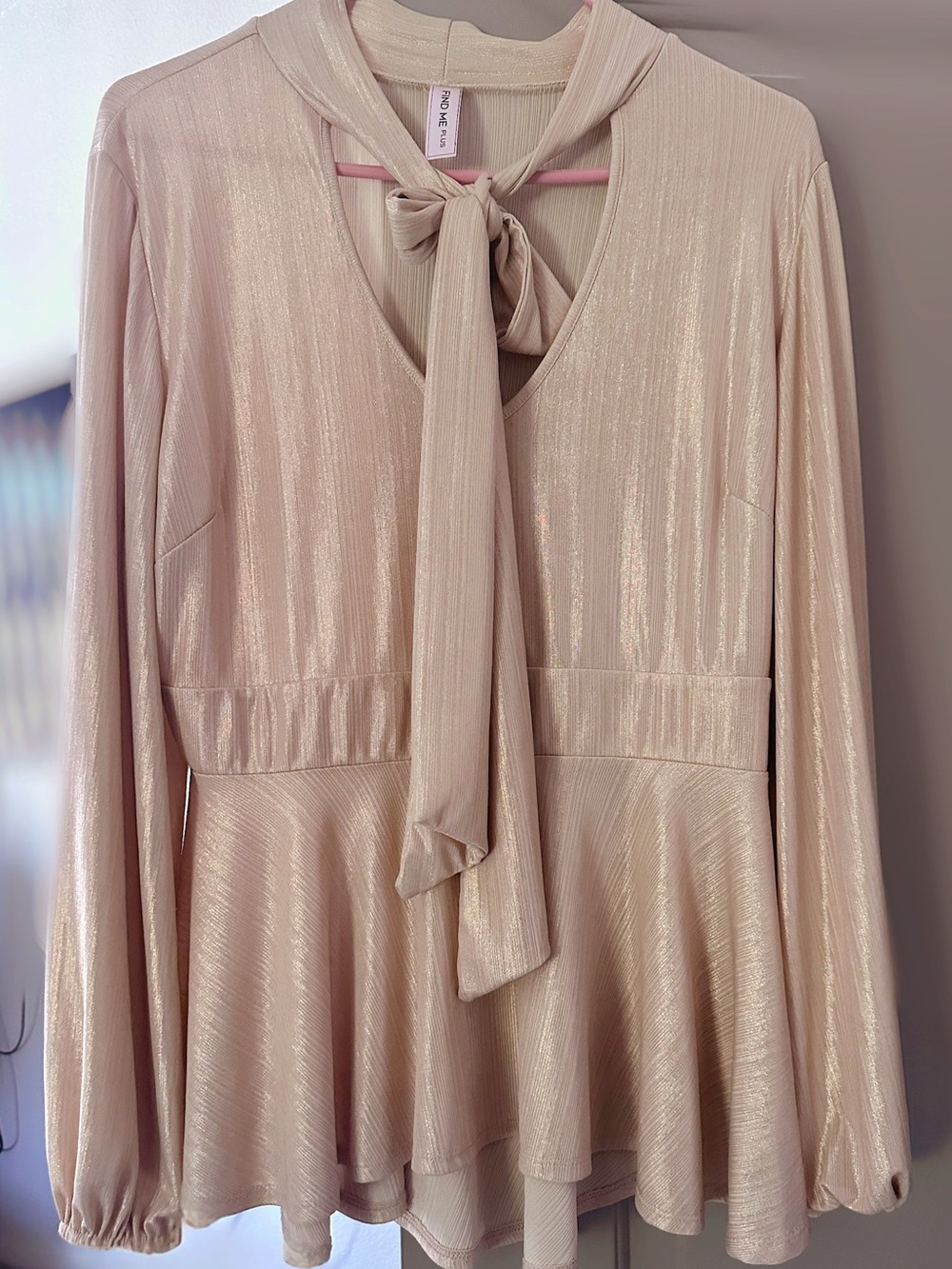 Forever 21 Shimmery Blush Tie-Neck Peplum Blouse